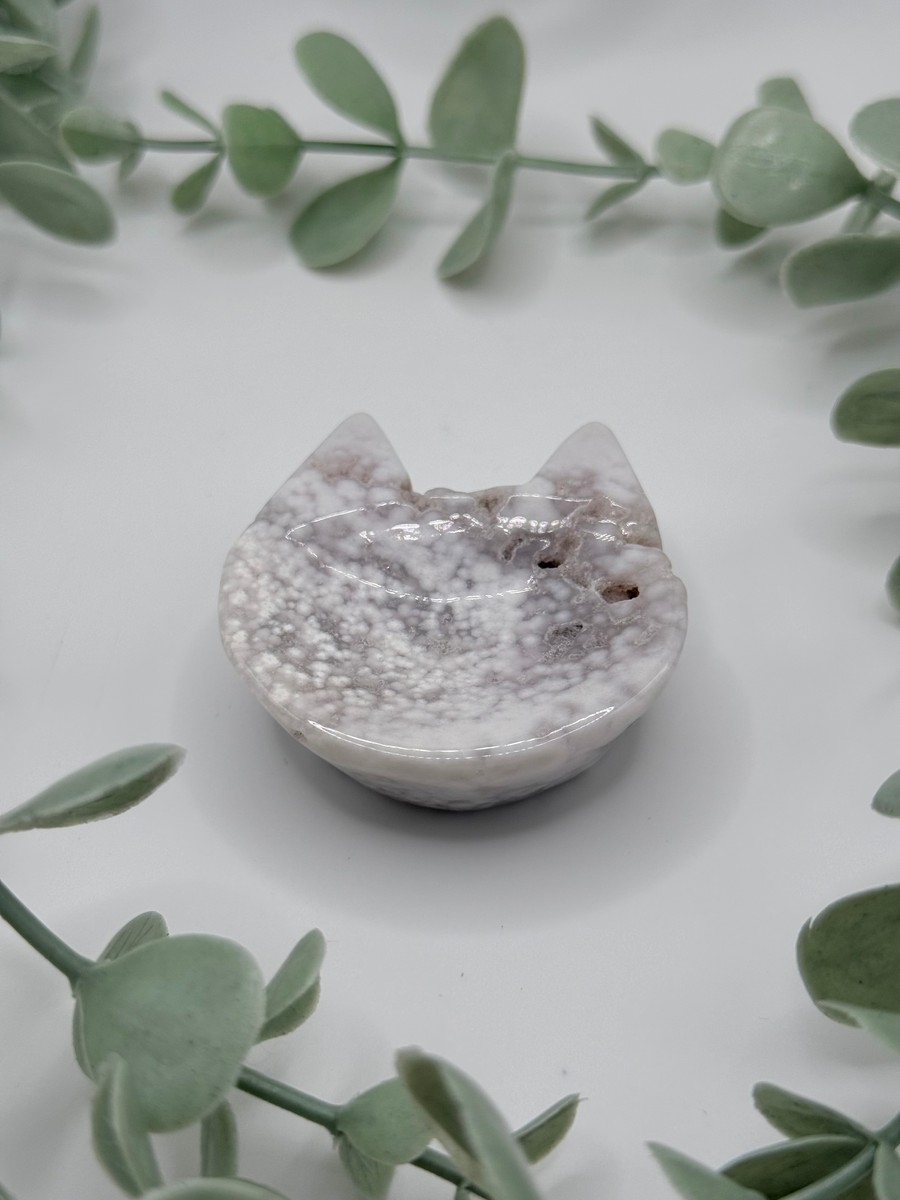 Flower Agate Cat Head Ring Dish/Sphere Stand