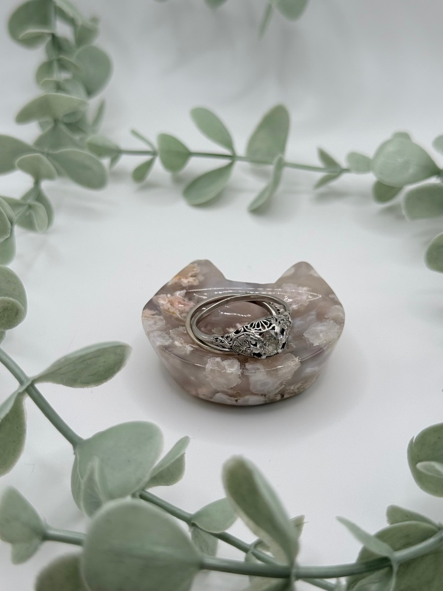 Flower Agate Cat Head Ring Dish/Sphere Stand