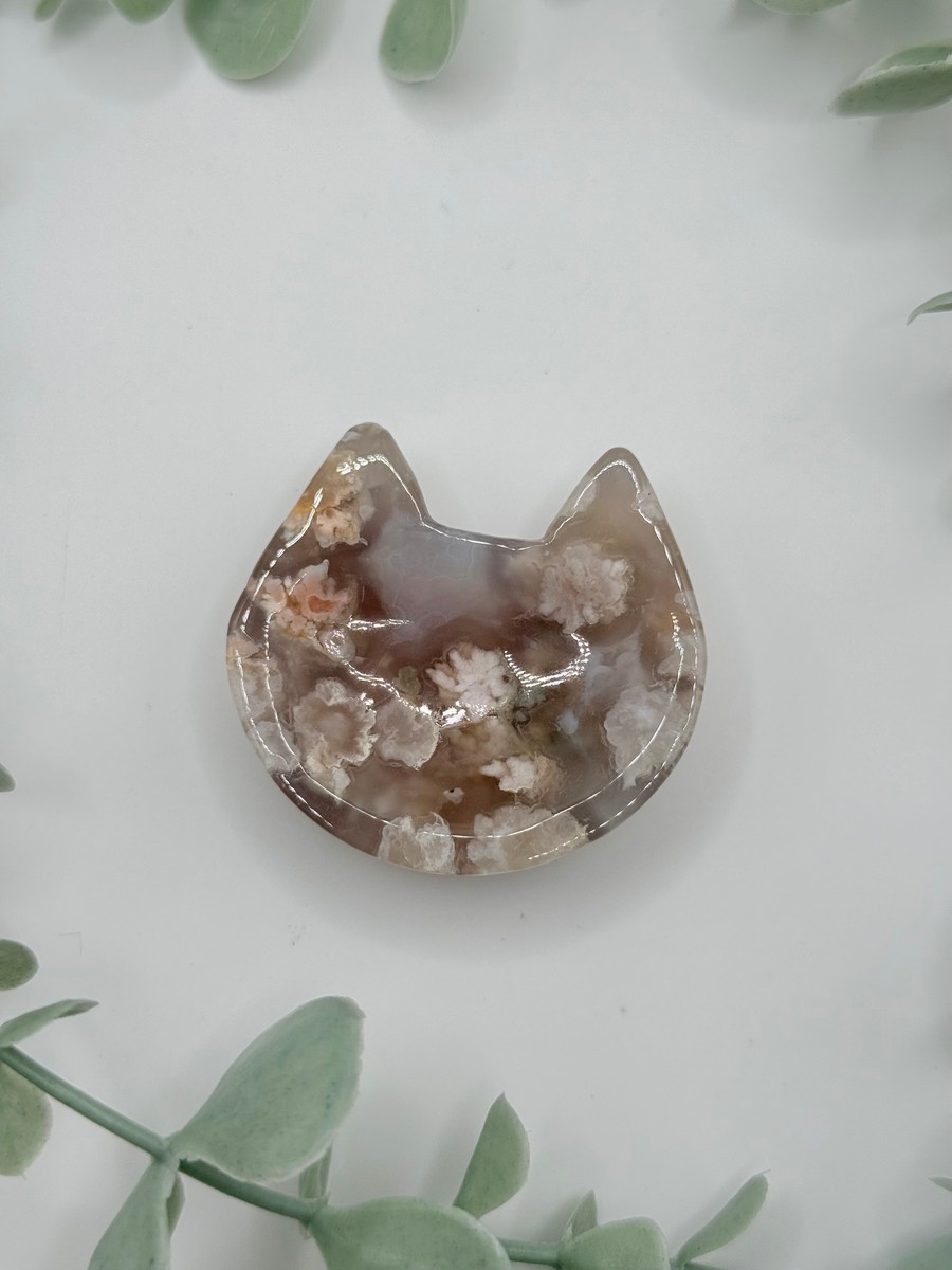 Flower Agate Cat Head Ring Dish/Sphere Stand