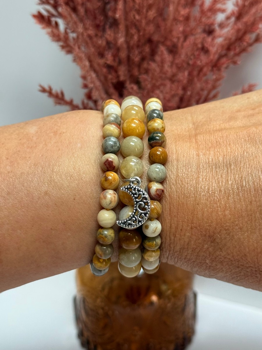 Curated Bracelet stack - Crazy Lace Agate & Golden Healer with a Moon Charm