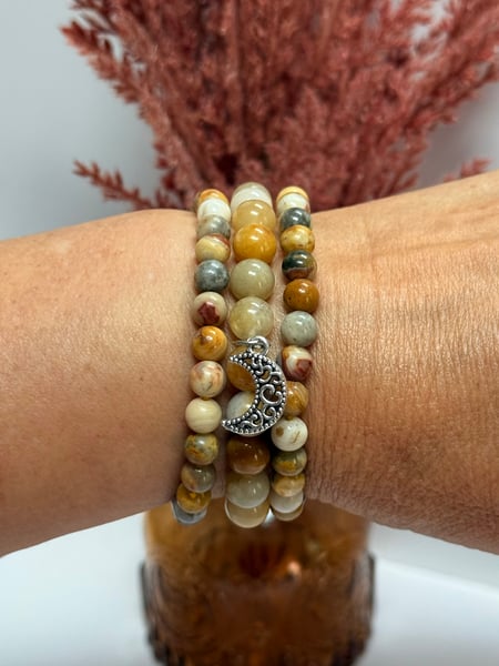 Curated Bracelet stack - Crazy Lace Agate & Golden Healer with a Moon Charm